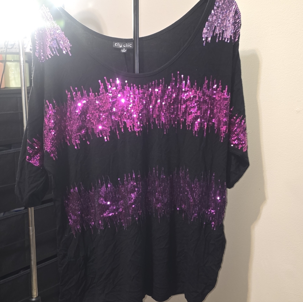 City Chic Black Top with Pink Sequin Stripe With Cut Out Holes On The Shoulder.